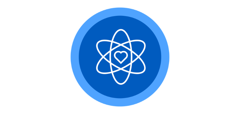 Icon of an atom with a hear in the middle to demonstrate an organisation's values.